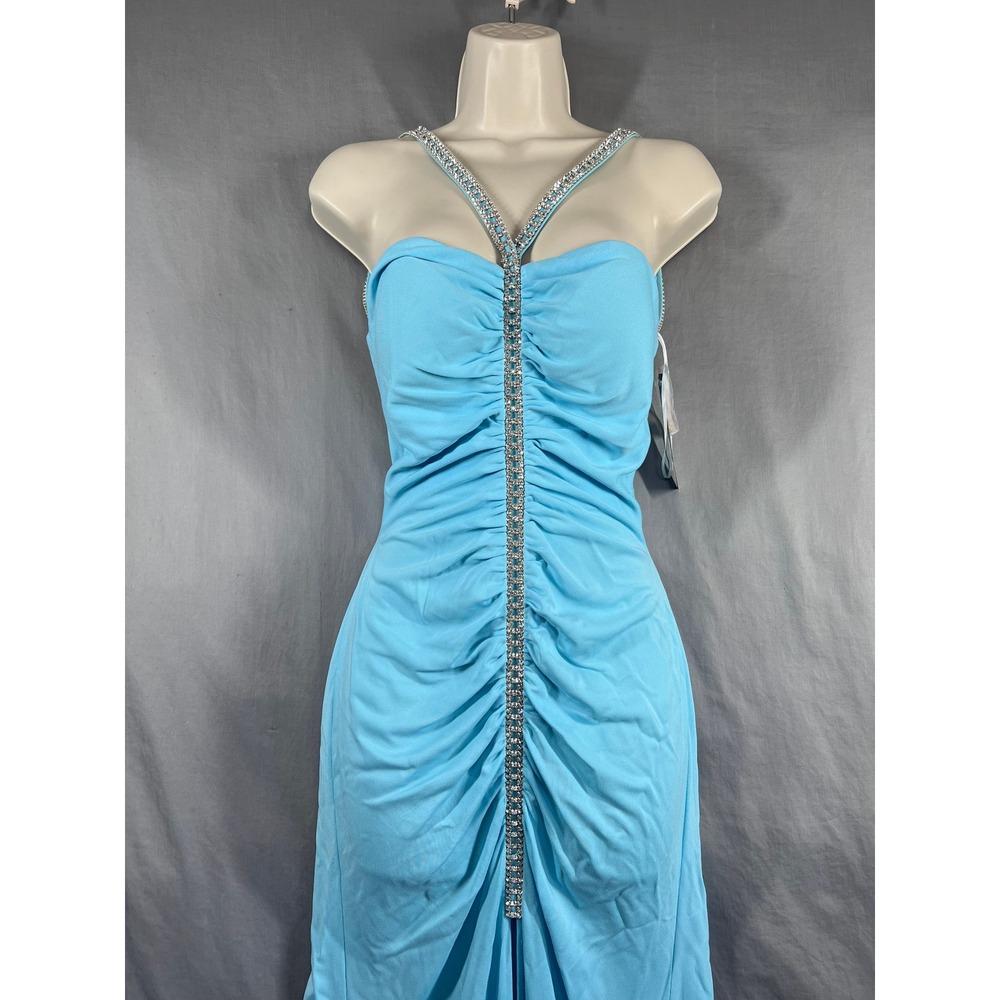 Nicole Bakti Turquoise Blue Rhinestone Ruched Formal Prom Gown Y2K Dress Size Sm